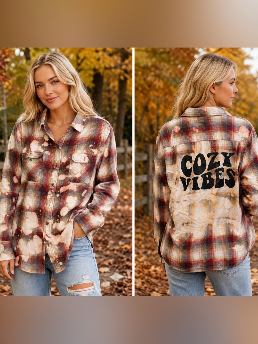 Vintage Red and Cream Plaid “Cozy Vibes” Shirt Boho Grunge